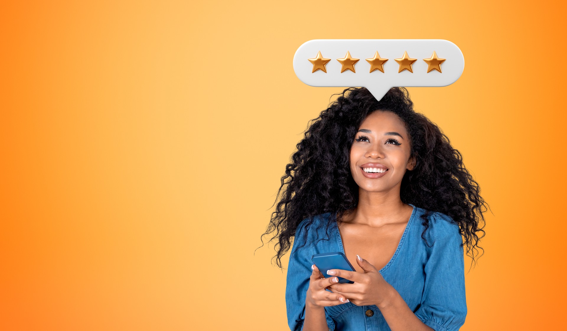 Smiling african woman with smartphone giving five stars feedback, copy space